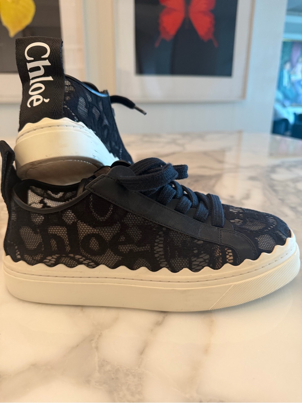 Chloé Black Lace-Overlay Platform Sneakers